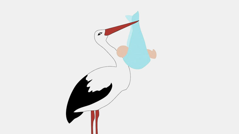 A white cartoon stork with a long red beak holds a light blue sack with a baby inside.