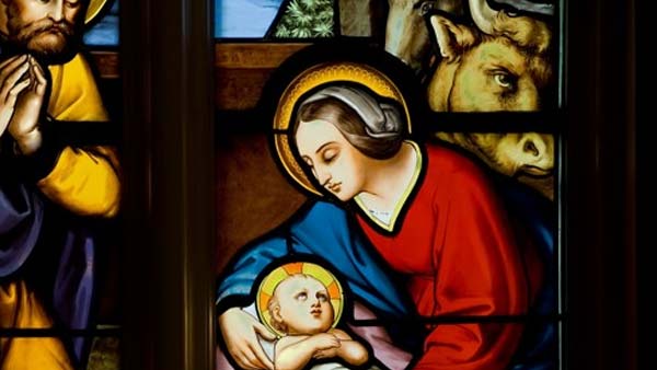 A close-up of a stained glass window depicting Mary holding the baby Jesus, with Joseph and an ox in the background.