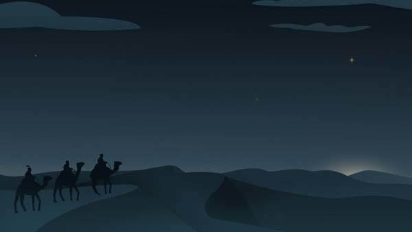 A digital illustration of three people riding camels over sand dunes at night, following a bright star in the sky.