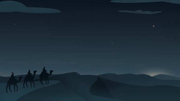A digital illustration of three people riding camels over sand dunes at night, following a bright star in the sky.