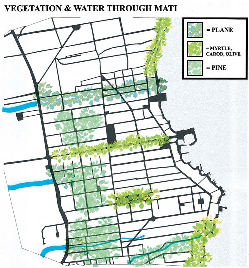 A map titled Vegetation & water through Mati, marking Plane, Myrtle Carob, Olive and Pine trees.