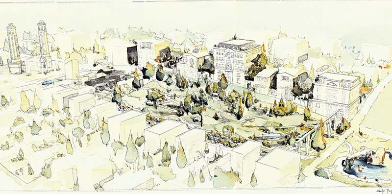 Architectural sketch of apartment building and park.