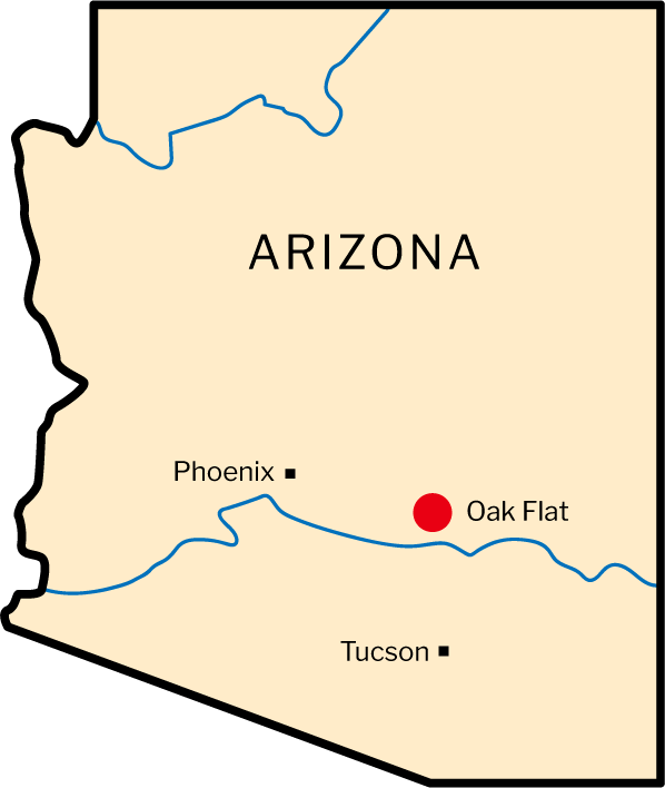 2 dimensional map of Arizona showing relative locations of Phoenix, Tucson, and Oak Flat within the state boundaries.
