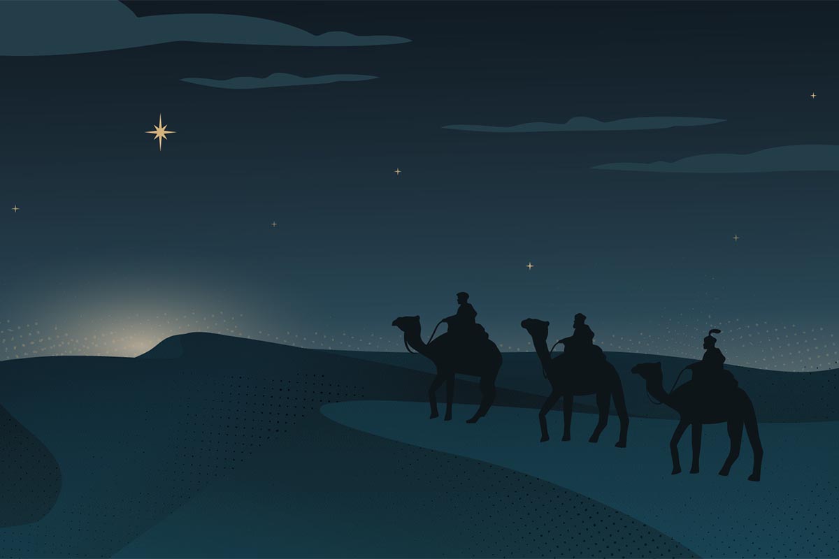Silhouettes of three wise men riding camels across a desert landscape at night. A bright star shines in the dark blue sky above them.