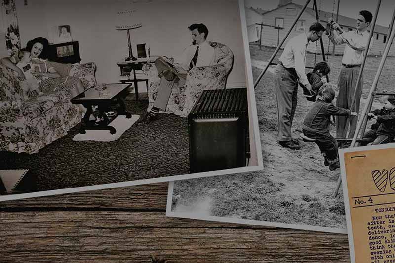 Two old black-and-white photos and a small postcard lie on a wooden surface. 