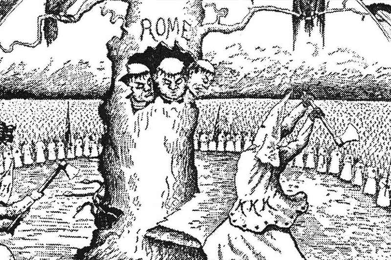A black and white sketch shows three men's faces carved into a tree labeled &lsquo;Rome&rsquo; as a figure in a pointed hat swings an axe.