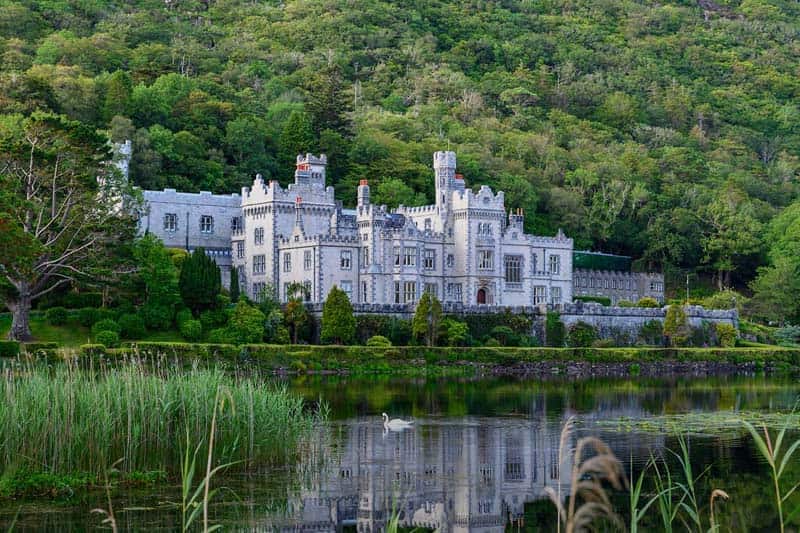 A white castle with multiple towers and spires sits by a calm lake with a white swan, surrounded by a lush green forest. 