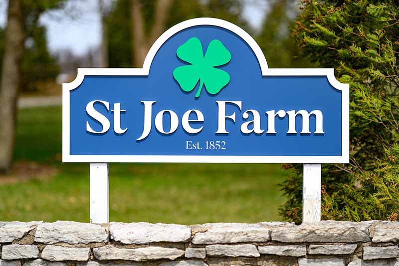 A blue sign with a green shamrock and white text reading ‘St Joe Farm Est. 1852’ is mounted on a stone wall.
