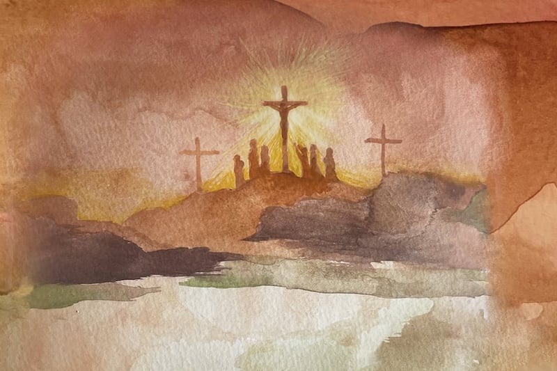 Watercolor painting of the crucifixion. Three crosses stand on a hill at sunrise. Silhouetted figures gather at the foot of the central cross, where a bright yellow light emanates.