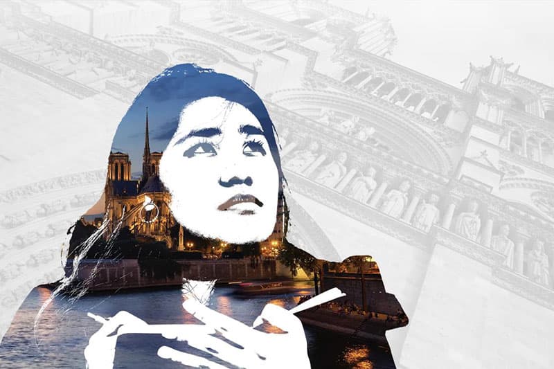 Stylized image of a person with dark hair, looking upwards. A nighttime view of Notre Dame Cathedral in Paris and the Seine River is superimposed over their face and chest.  A faded image of Notre Dame's facade overlays the upper right corner.