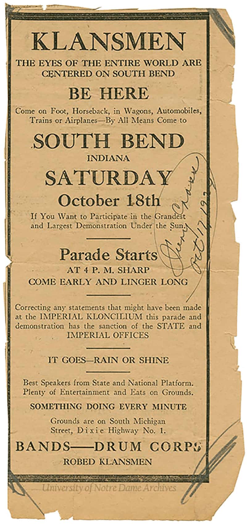 Handbill reads, 'Klansmen, the eyes of the entire world are centered on South Bend. Be here. Come on foot, horseback, in wagons, automobiles, trains or airplanes — by all means come to South Bend, Indiana Saturday, October 18th if you want to participate in the grandest and largest demonstration under the sun.', followed by event details.