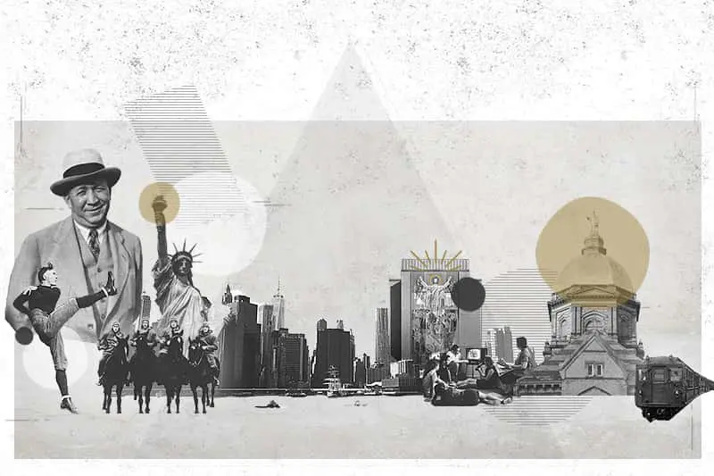 A black and white collage of images of buildings from Notre Dame's campus, the fourhorsemen, and the Statue of Liberty.