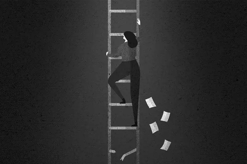 A black and white graphic of a women climbing up a ladder to a hole in the ceiling.