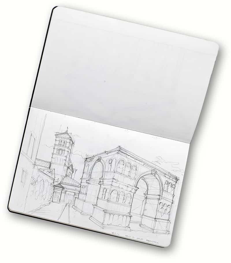 A detailed architectural sketch in a sketchbook.
