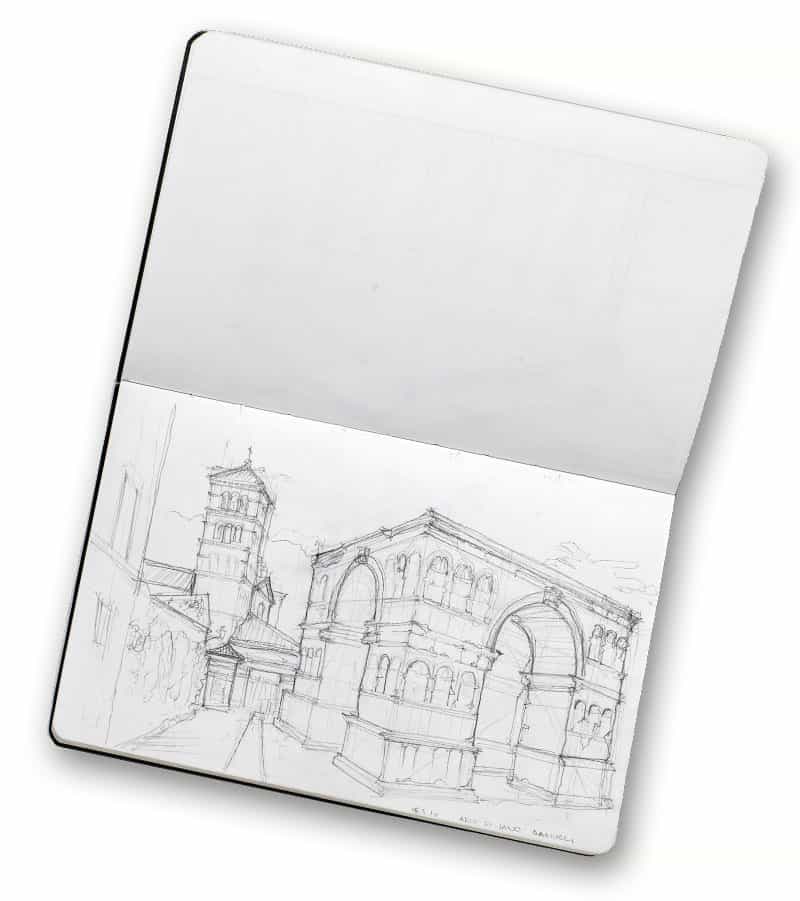 A detailed architectural sketch in a sketchbook.