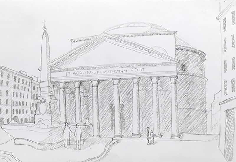 A detailed architectural sketch of The Pantheon.