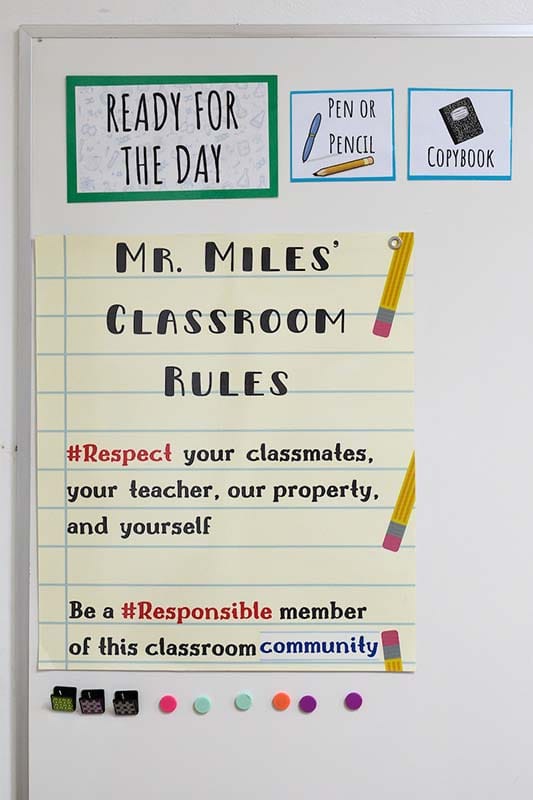 A sign in the classroom that reads Ready for the Day. Mr. Miles' Classroom Rules. Respect your classmates, your teacher, our property, and yourself. Be a responsible member of this classroom community.