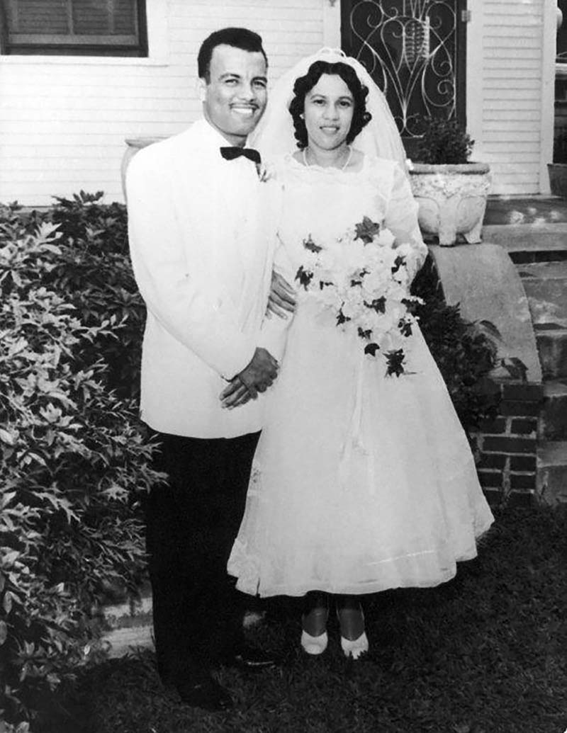 Black and white photo of Francis with his bride Blanche in a wedding dress.