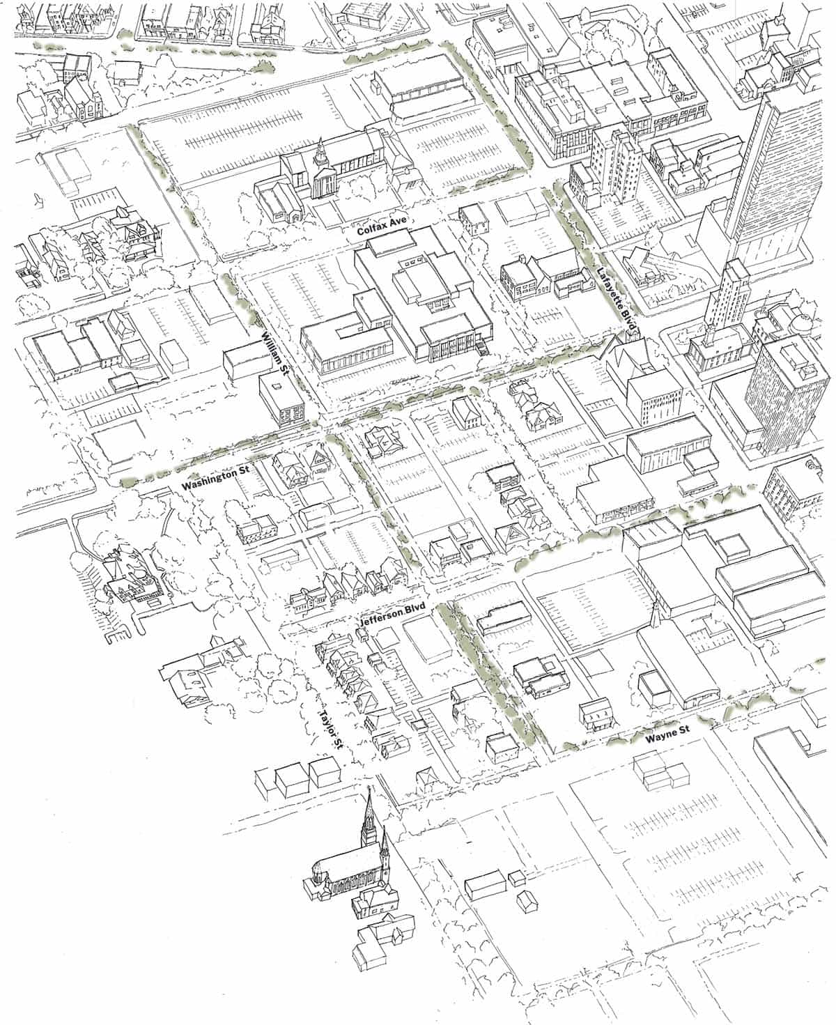 An aerial view drawing of downtown South Bend but	highlighted in green, trees are sketched in some of the bare spaces.