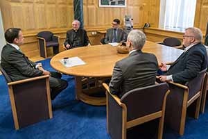 IUniversity of Notre Dame President Rev. John I. Jenkins, C.S.C., Vice President and Associate Provost for Internationalization Michael Pippenger and Vice President for Public Affairs and Communications Paul Browne meet with Ireland's Taoiseach Leo Varadkar in his office in Dublin, Ireland.