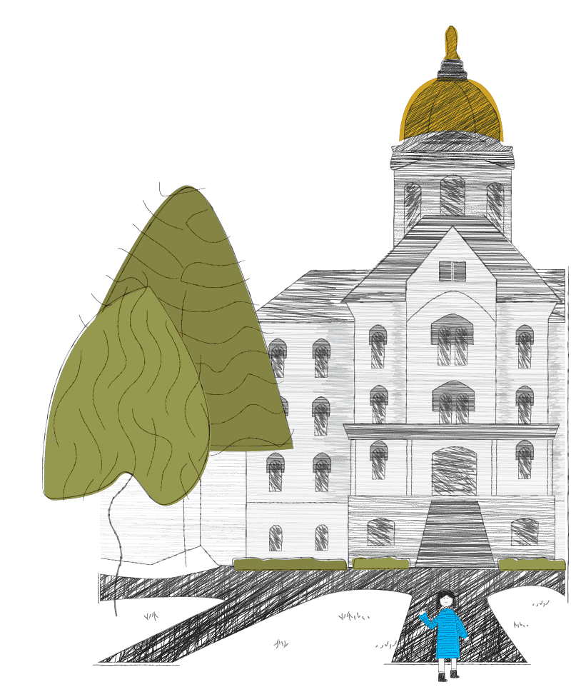 A sketched illustration of Notre Dame's Main Building with sawying trees and a woman waving.