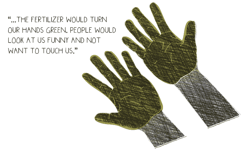 A sketched illustration of hands with green palms.