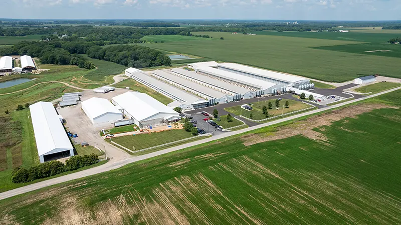 An aerial view of Hertzfeld Poultry Farm showing many large modern barns and buildings with blacktop pathways.
