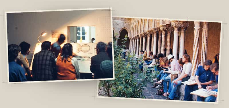 Two photos from the early 70's of students sketching and learning in Rome.