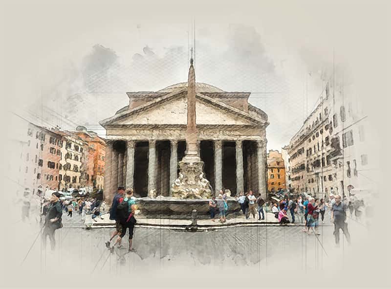 Crowds of people fill the streets near former temple, The Pantheon.