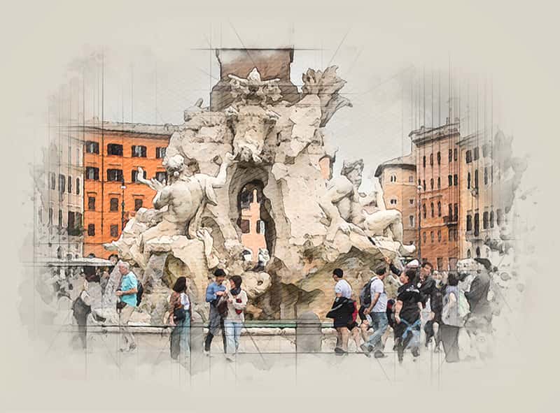 Crowds of people fill the streets in the square of Piazza Navona.