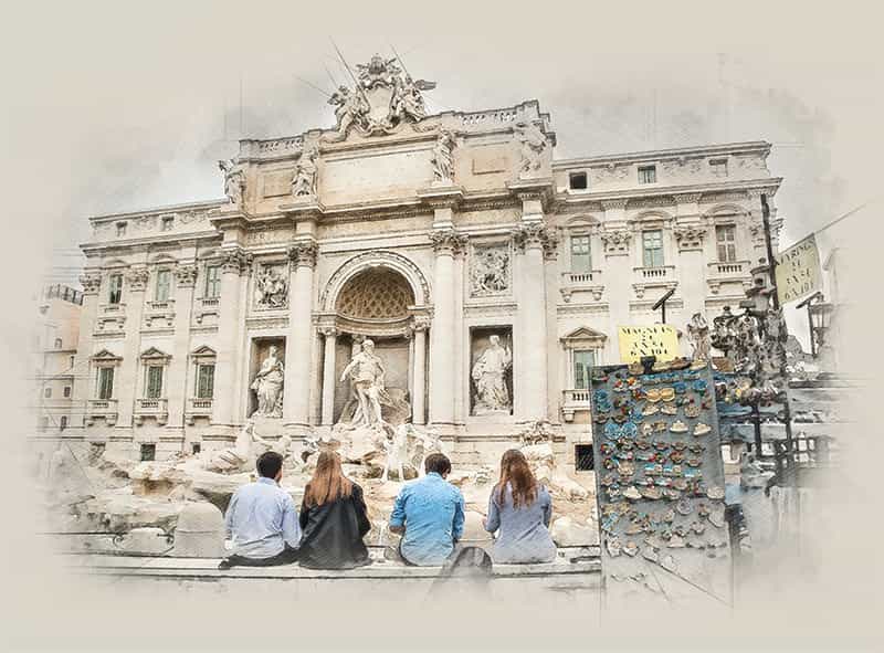 Four students sit on a ledge and sketch the Trevi Fountain.