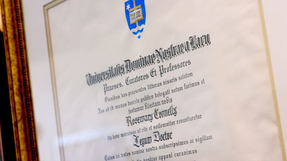 Sister Rosemary&rsquo;s framed honorary degree