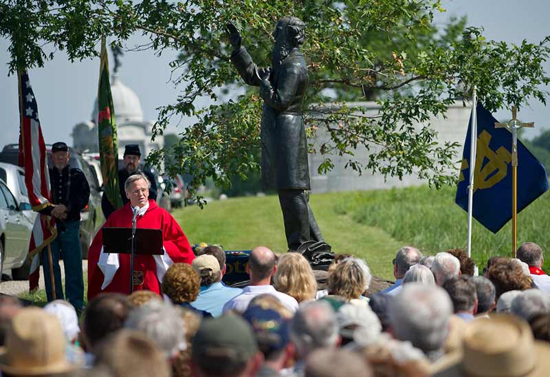 Notre Dame President Rev. John Jenkins, C.S.C. offers mass in honor of the 150th anniversary of the Battle of Gettysburg at the statue of former Notre Dame president Rev. William Corby, C.S.C. in Gettysburg National Military Park.