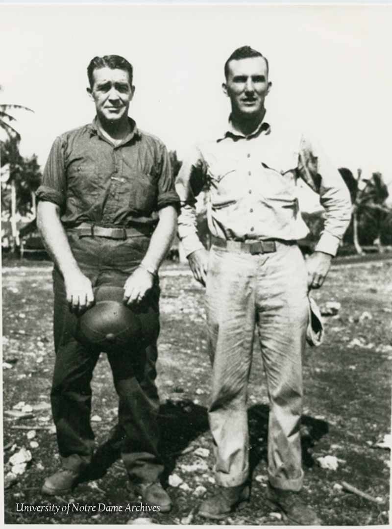 Former Football Coach Frank Leahy and player Angelo Bertelli in military uniform during World War II (WWII), c1944-1945.