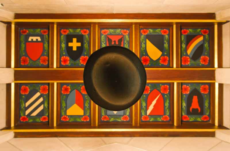 WWI doughboy helmet of former Notre Dame President Rev. Charles O&rsquo;Donnell, C.S.C. in the vestibule of the east door of the Basilica of the Sacred Heart.