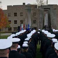 Notre Dame ROTC cadets stand at parade rest during the 2010 Veterans Day ceremonies at the Clarke Memorial Fountain (Stonehenge) November, 2010.