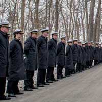 ROTC students in military uniform along the procession route for the funeral of President Emeritus Rev. Theodore M. Hesburgh, C.S.C. March, 2015.