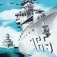 Football Program Cover: Notre Dame vs. Great Lakes at Soldier Field, Chicago, 1942. The cover features World War II (WWII) military boats, ships and airplanes with a banner that reads 'Here Comes the Navy.'