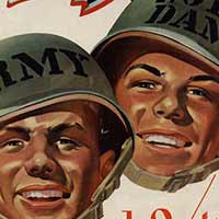 Football Program Cover:	Notre Dame vs. Army at Yankee Stadium, 1943/1006.	It features a drawing by Lon Keller of two soldiers wearing military helmets labeled for each institution and it is captioned 'Duty, Honor, Country.'