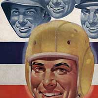 Football Program Cover:	Notre Dame vs. Great Lakes Navy, 1944/1202.	It features a drawing by Lon Keller of four men - one wearing a football helmet, one wearing an Army helmet, one wearing a Navy sailor hat, and one wearing a Marines officer's hat.