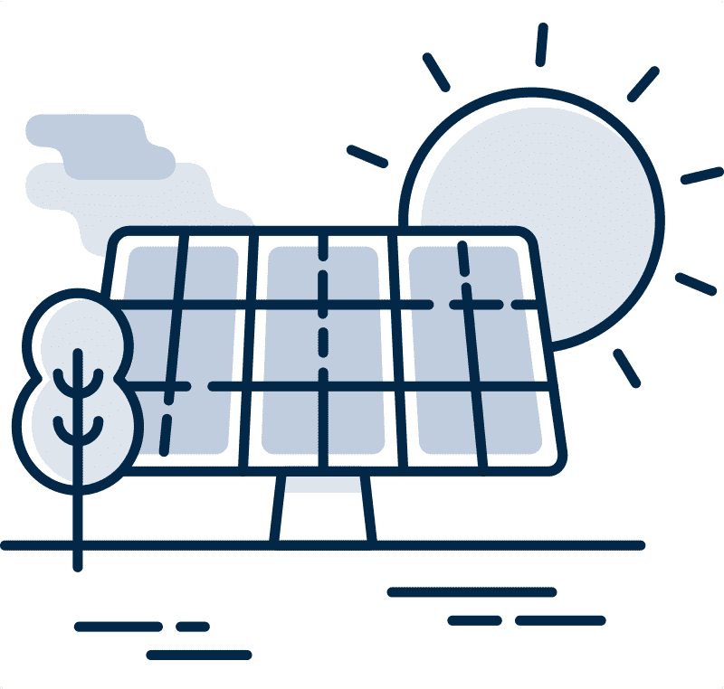 Illustration of solar panels and the sun.