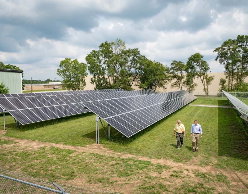 Two men walk among solar panels.