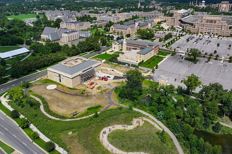 An aerial image of the arts gateway, including the Raclin Murphy Museum of Art and Charles B. Hayes Family Sculpture Park, O&rsquo;Neill Hall of Music and Sacred Music, Walsh Family Hall of Architecture and DeBartolo Performing Arts Center.