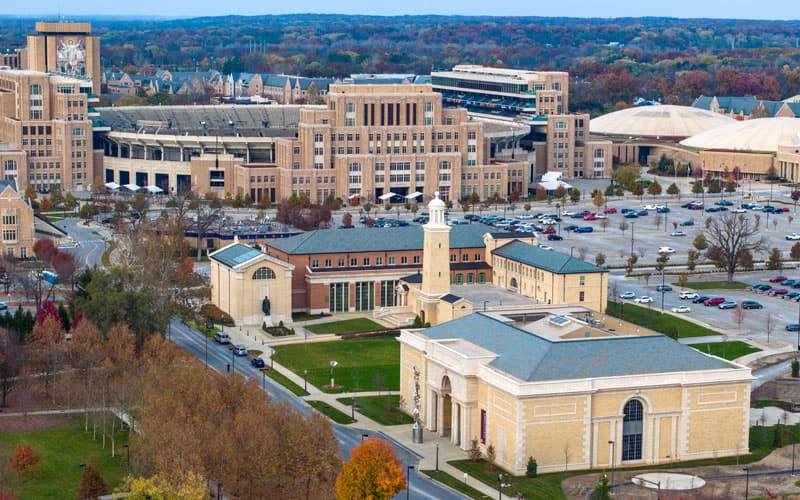 An aerial view of the Raclin Murphy Musueum of Art at the northwest corner of the Charles B. Hayes Family Sculpture Park. The DeBartolo Performing Art Center stands to the northwest, Walsh Family Hall of Architecture to the north, and O&rsquo;Neill Hall of Music to the northeast.