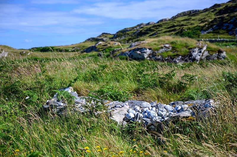 White pebbles are stacked on a grave.