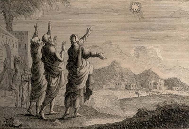 A beige sketch of three wise men pointing up at a star.