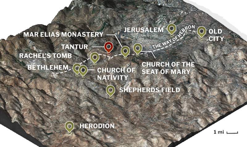 A 3D map that shows the proximity of Old City, Jerusalem, Church of the Seat of Mary, Mar Elias Monastery, Tantur, Rachel's Tomb, Bethlehem, Shepherds Field, Herodion, and the Way of Hebron.