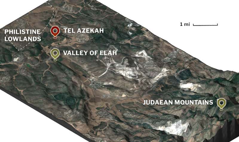 A 3D map the shows the poximity of the Philistine Lowlands, Tel Azekah, Valley of Elah, and the Judaean Mountains.