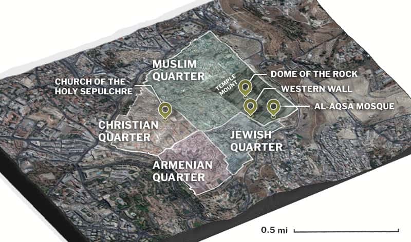 A 3D map of Jerusalem that highlights four quarters of the area. A Christian, Muslim, Armeniam, and a Jewish quarter. The map also points out four main landmarks, the Church of the Holy Sepulchre, Dome of the Rock, the Western Wall, and the Al-Aqsa Mosque.
