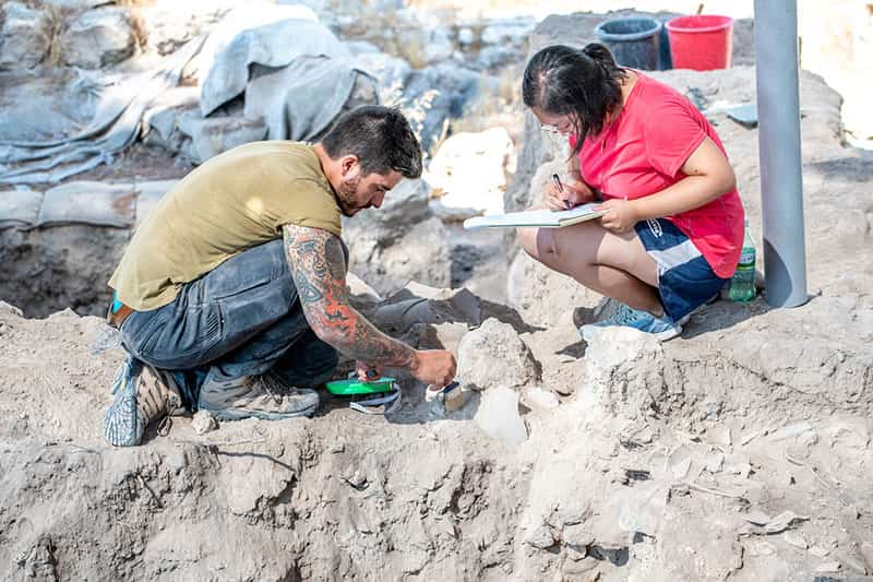 One person brushes dirt off some of their findings as another writes in a notepad.